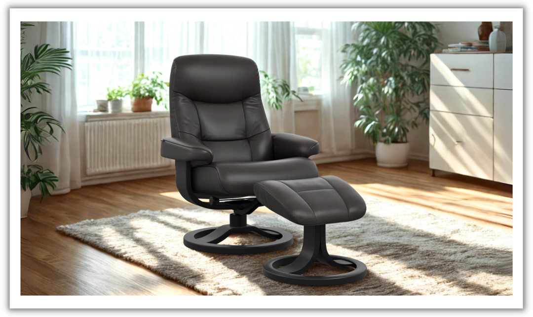 Fjords Muldal R Leather Manual Swivel Recliner Chair with Footstool in Two Sizes-Jennifer Furniture