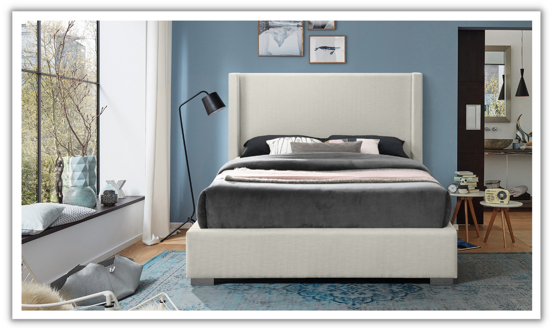 Meridian Furniture Royce Linen Fabric Platform Bed with Wingback Headboard-jennifer furniture