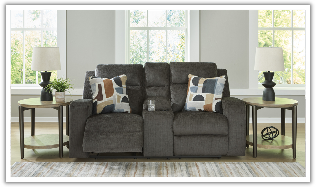 Modern Heritage Kanlow Fabric Double Recliner Loveseat Sofa With Storage Console-Jennifer Furniture