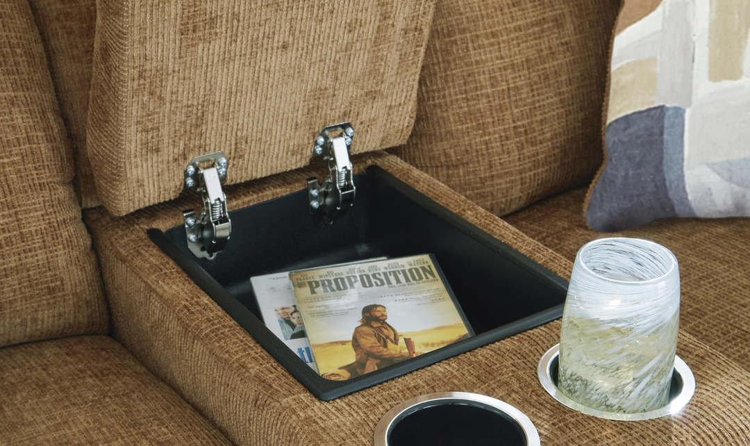 Modern Heritage Kanlow Fabric Double Recliner Loveseat Sofa With Storage Console-Jennifer Furniture