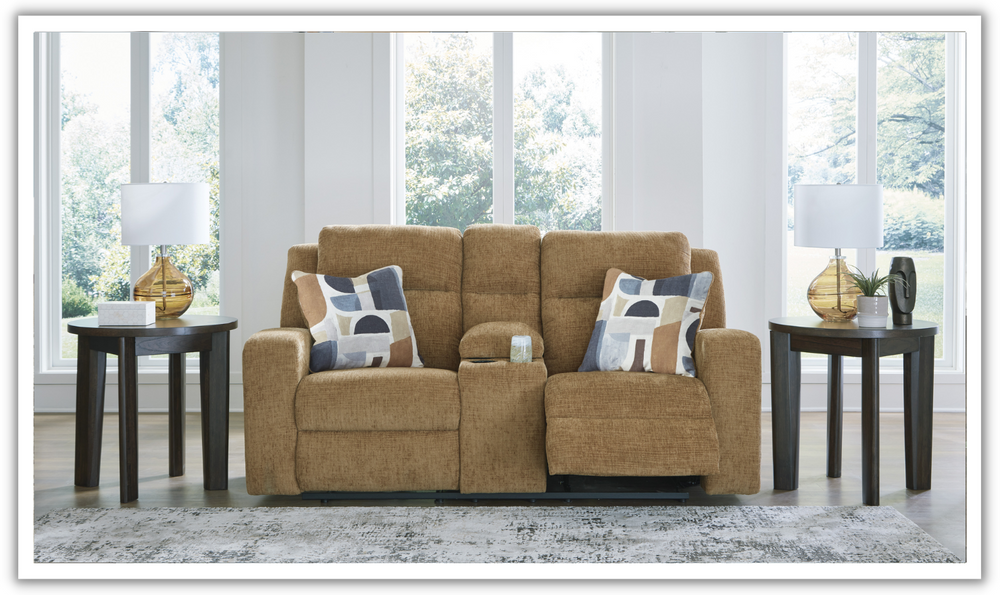 Modern Heritage Kanlow Fabric Double Recliner Loveseat Sofa With Storage Console-Jennifer Furniture
