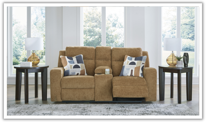Modern Heritage Kanlow Fabric Double Recliner Loveseat Sofa With Storage Console-Jennifer Furniture