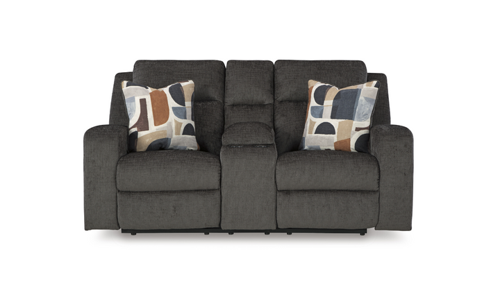 Modern Heritage Kanlow Fabric Double Recliner Loveseat Sofa With Storage Console-Jennifer Furniture