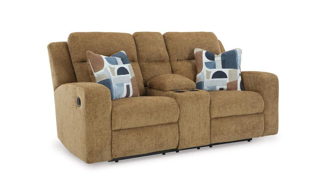 Modern Heritage Kanlow Fabric Double Recliner Loveseat Sofa With Storage Console-Jennifer Furniture