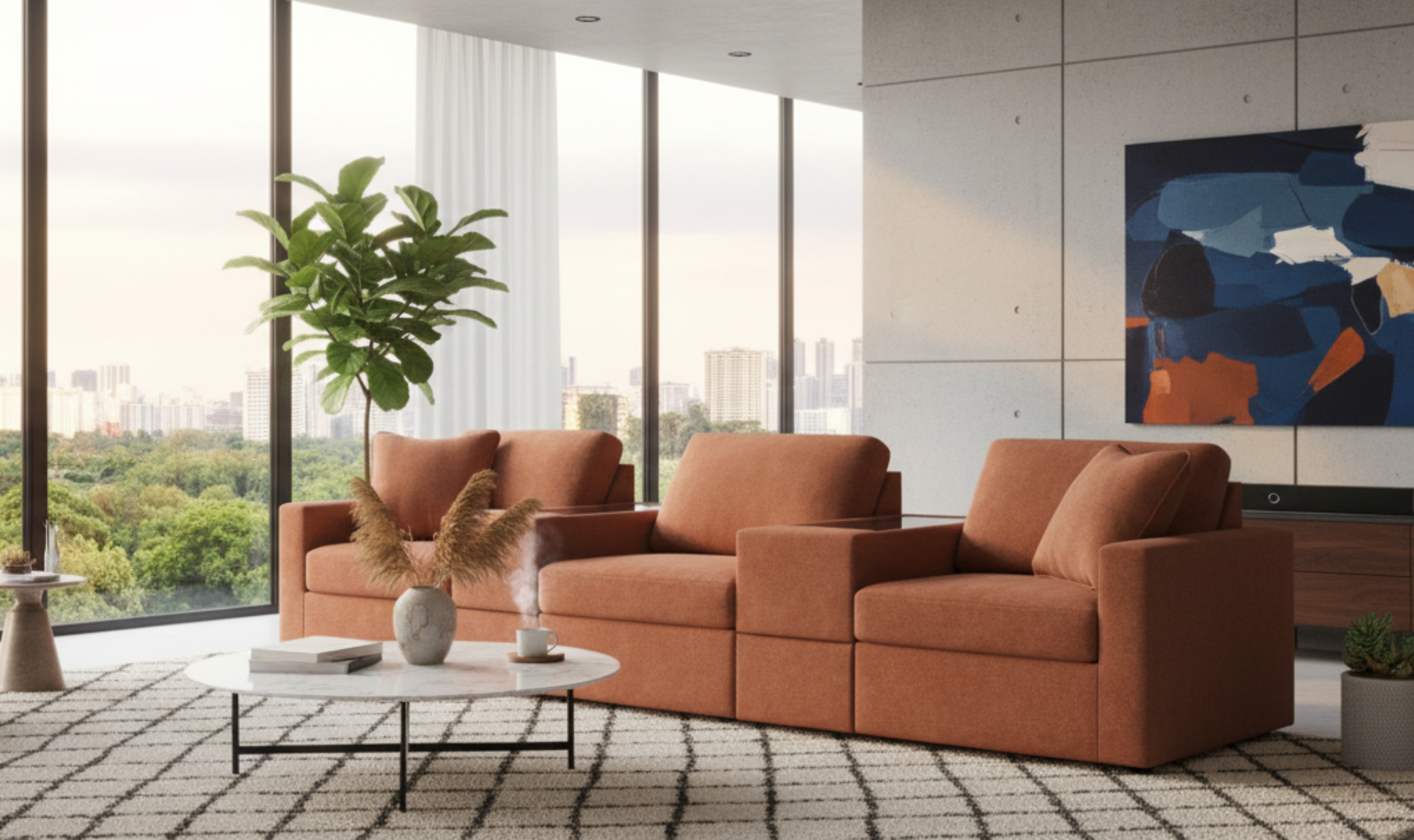 Modern Heritage Modmax 3-Seater Sectional Fabric Sofa With Console Sto ...