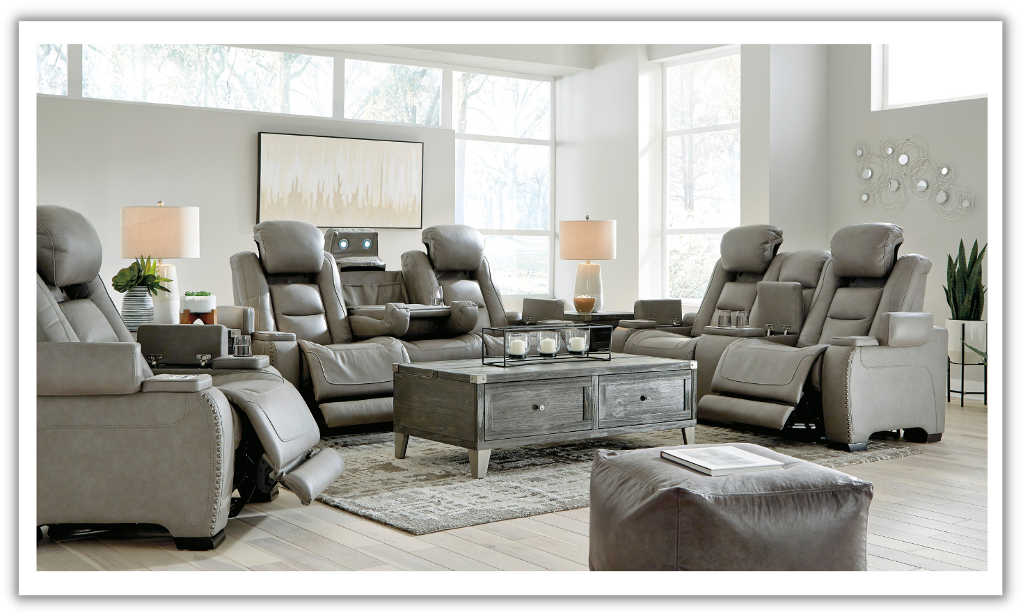 The Man Den Gray Power Reclining Sofa and Loveseat with Power Recliner