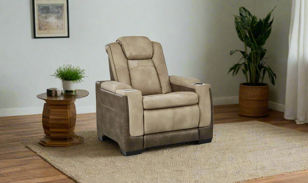 Modern Heritage Next - Gen Sand Leather Power Recliner Chair with Storage Arms-jennifer furniture