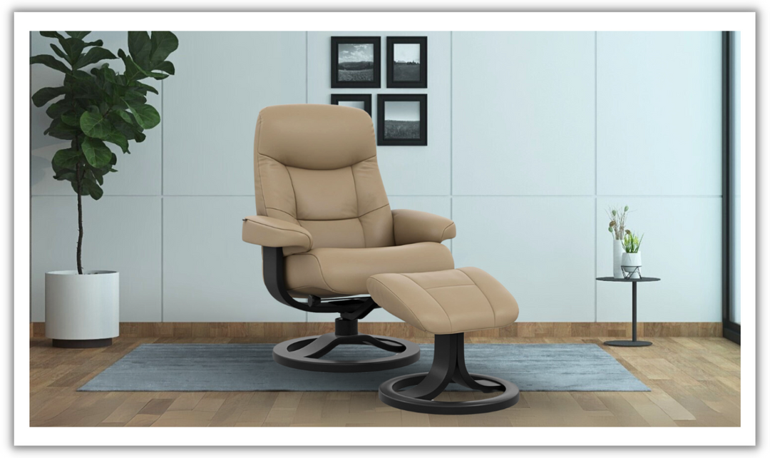 Fjords Muldal R Leather Manual Swivel Recliner Chair with Footstool in Two Sizes-Jennifer Furniture