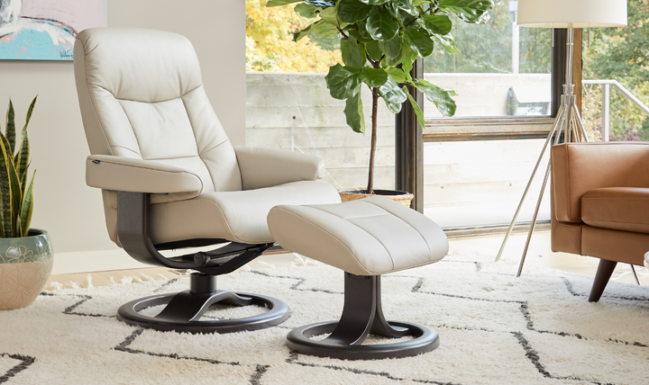 Fjords Muldal R Leather Manual Swivel Recliner Chair with Footstool in Two Sizes-Jennifer Furniture