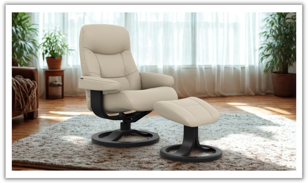 Fjords Muldal R Leather Manual Swivel Recliner Chair with Footstool in Two Sizes-Jennifer Furniture