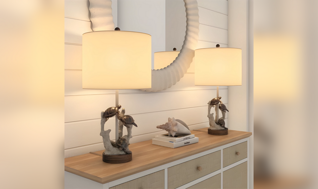 Turtles 27"H Table Lamp in Natural & Coral Poly & Linen (Set of 2)