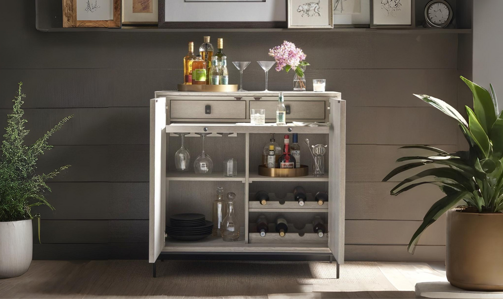 Universal Furniture Odessa Wooden Beige Bar Cabinet With Two Drawers-jennifer furniture