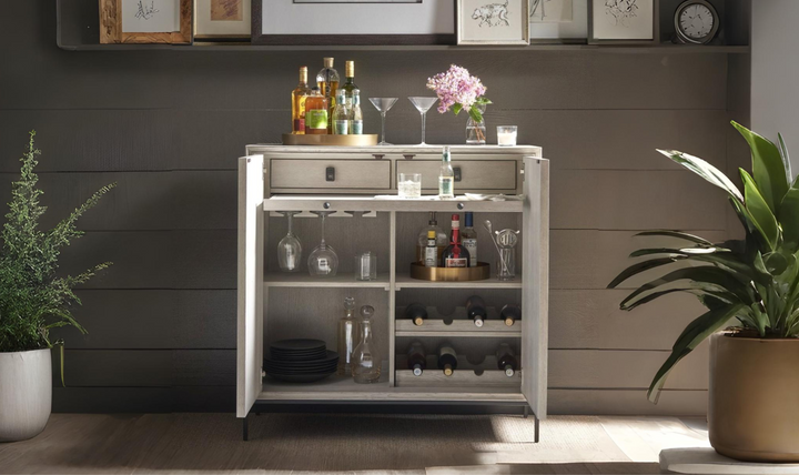 Universal Furniture Odessa Wooden Beige Bar Cabinet With Two Drawers-jennifer furniture