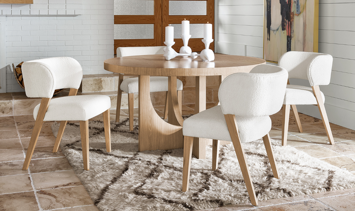 Universal Callon Round Dining Table With Half-Moon-Shaped Pedestals.