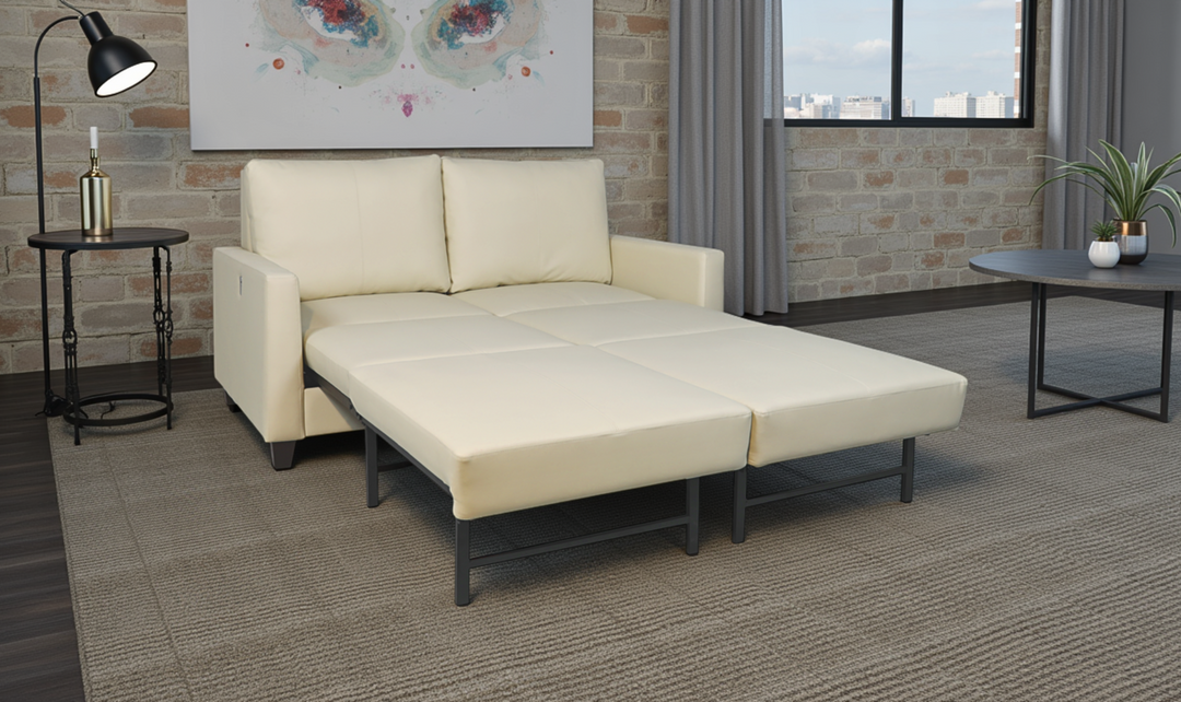 Cuddle Queen Leather Sleeper Sofa With Wood and Chrome Legs