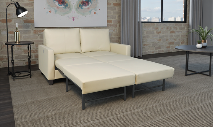 Cuddle Queen Leather Sleeper Sofa With Wood and Chrome Legs