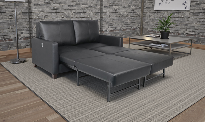 Cuddle Queen Leather Sleeper Sofa With Wood and Chrome Legs