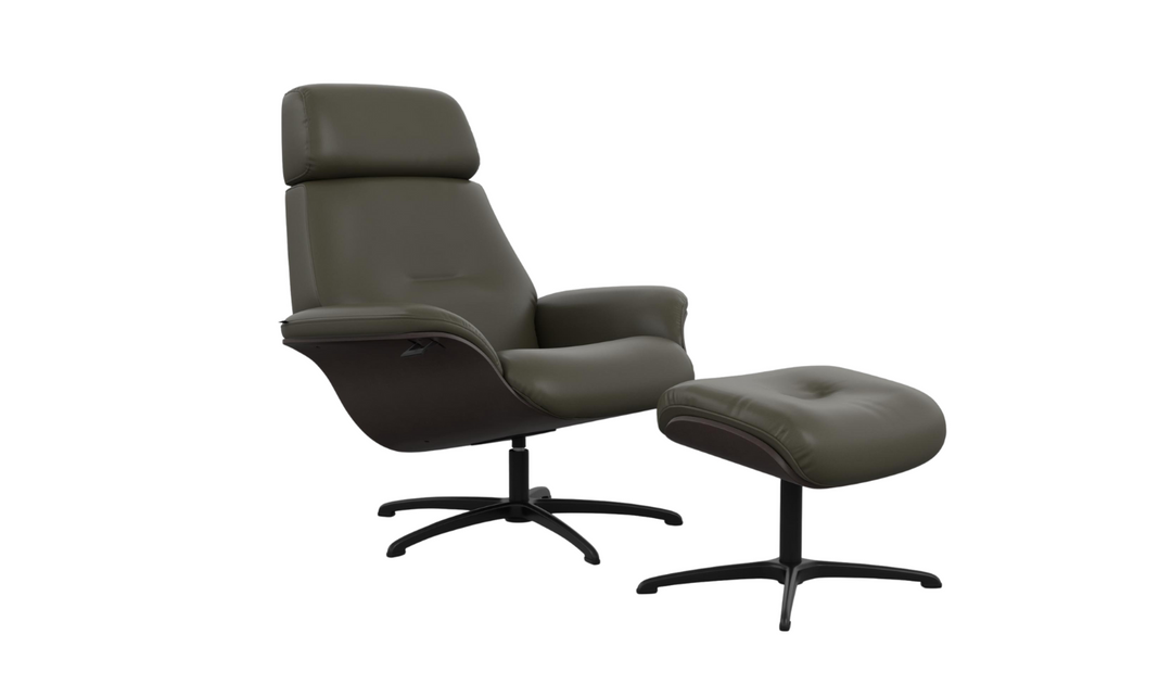 Falcon Leather Swivel Manual Recliner Chair with Footstool-Jennifer Furniture