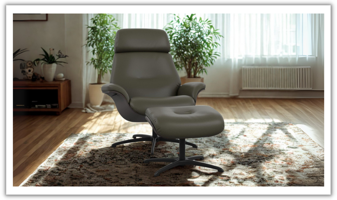 Falcon Leather Swivel Manual Recliner Chair with Footstool-Jennifer Furniture