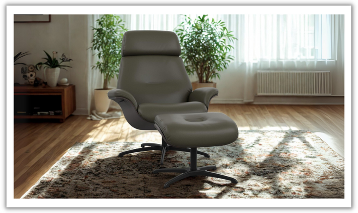 Falcon Leather Swivel Manual Recliner Chair with Footstool-Jennifer Furniture