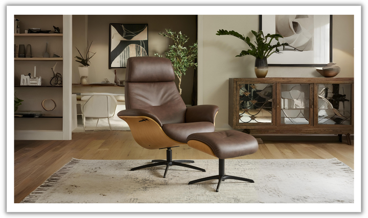 Falcon Leather Swivel Manual Recliner Chair with Footstool-Jennifer Furniture