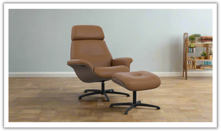 Falcon Leather Swivel Manual Recliner Chair with Footstool-Jennifer Furniture