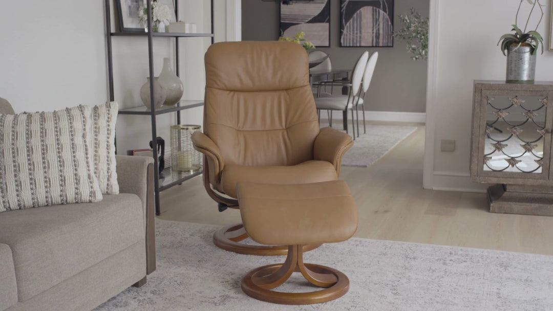 Fjords Anne R Leather Manual Recliner Swivel Chair with Footstool in Two Sizes-Jennifer Furniture