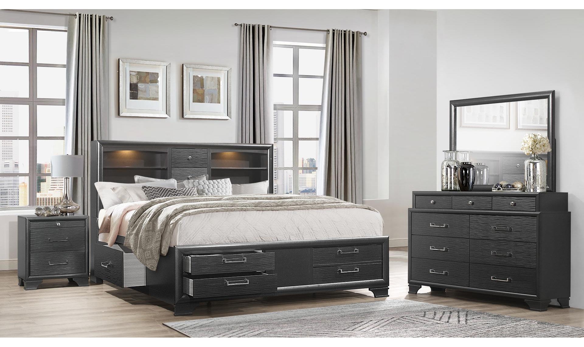 grey bedroom dresser set Lifestyle Conway Dark 5 Piece Queen Panel With its unique vertical ribbed drawer front Kelowna Solid Mahogany Wood Gray