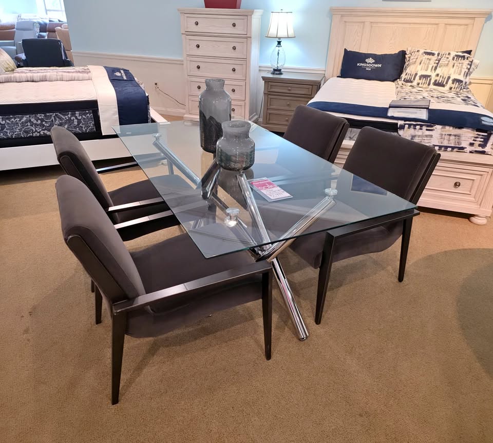 Glass Chrome Dining Table w/ 4 Metal Dining Chairs