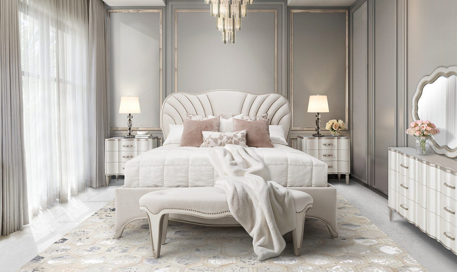AICO London Place Bed in Creamy Pearl Finish