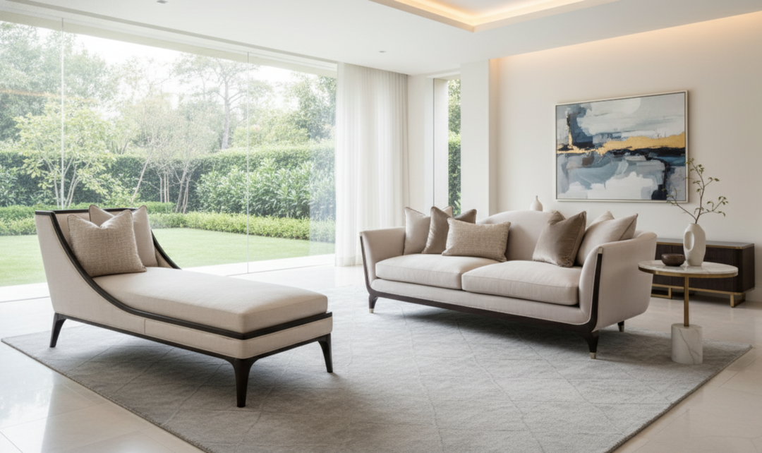 AICO Paris Chic Fabric Living Room Sofa and Chaise in Beige-jennifer furniture