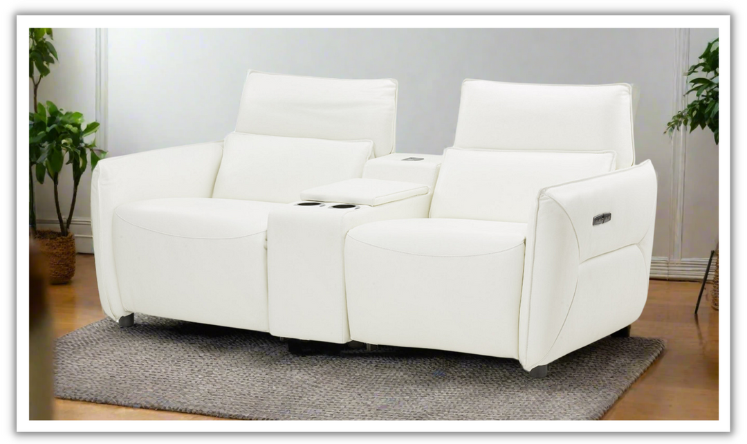 AICO Verona Recessed Arm Leather Power Recliner Loveseat in White-jennifer furniture