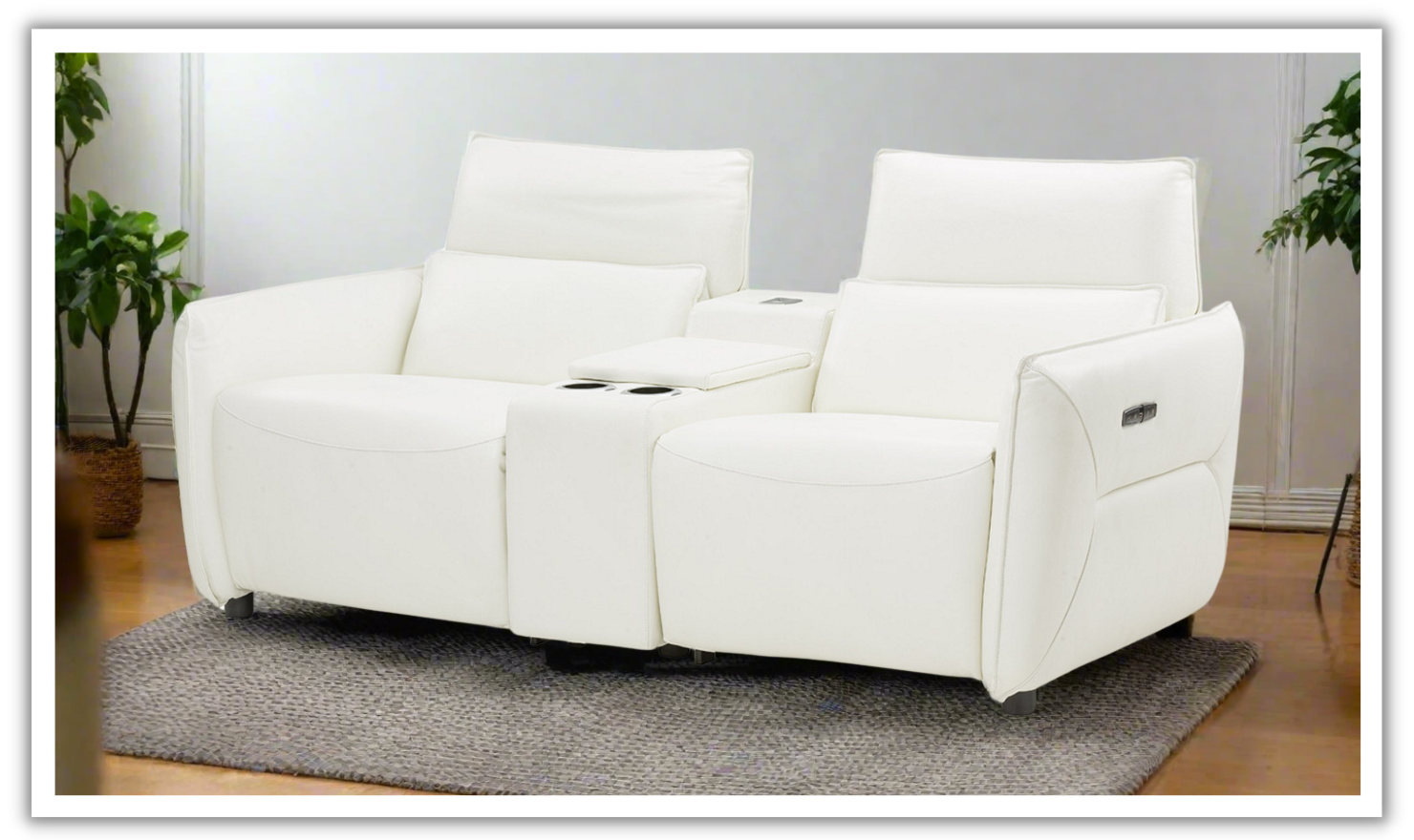 AICO Verona Recessed Arm Leather Power Recliner Loveseat in White
