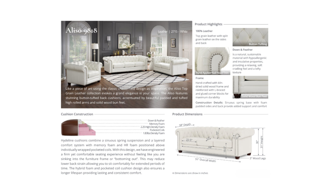 Aliso 3-Seater Leather Sofa With Rolled Arms-Jennifer Furniture