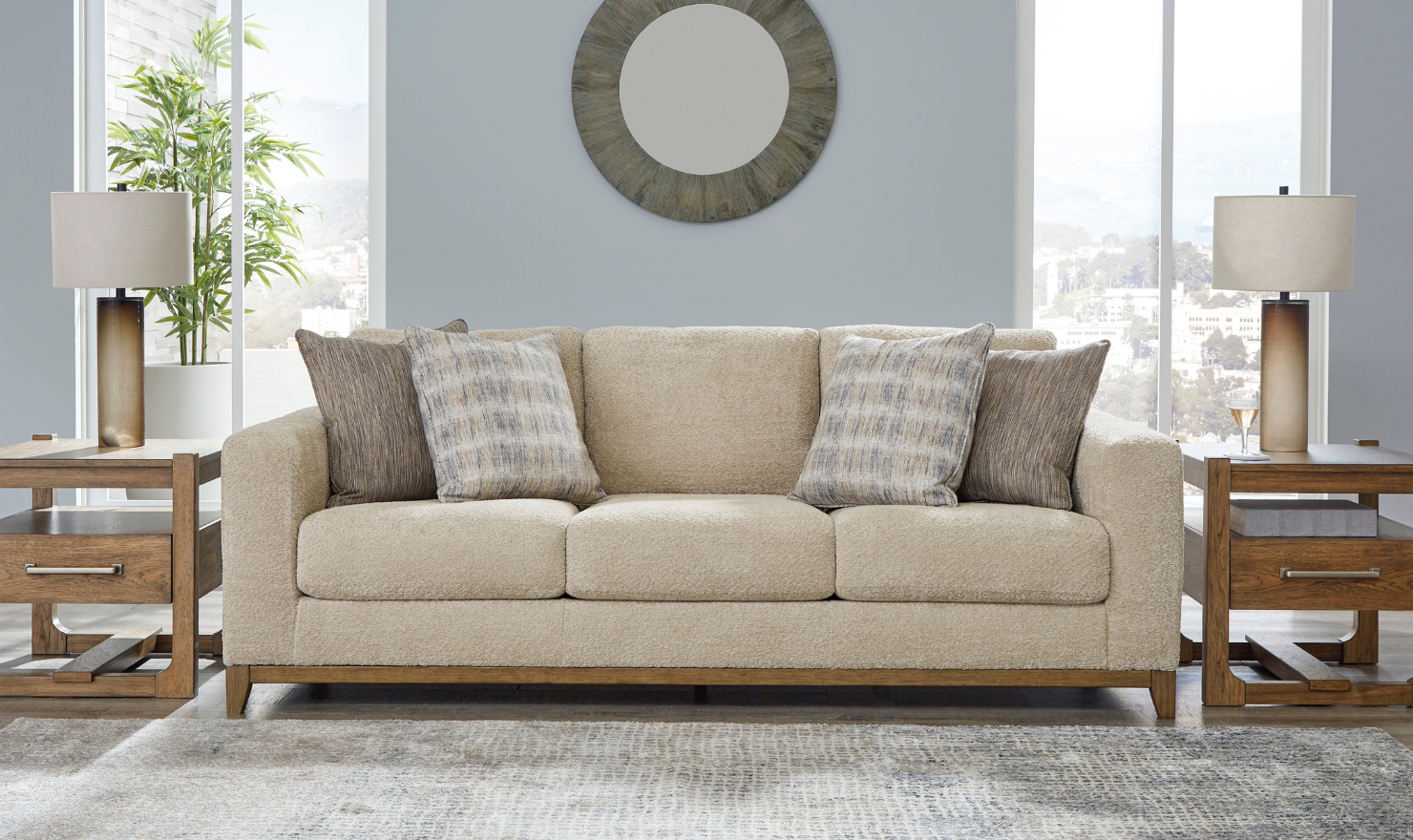 Ashley  Parklynn Stationary Fabric Living Room Set in Light Brown-Jennifer Furniture