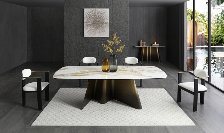 Jennifer Italia Bastione Luxury Marble Inspired Dining Table with Bronze Metallic Base