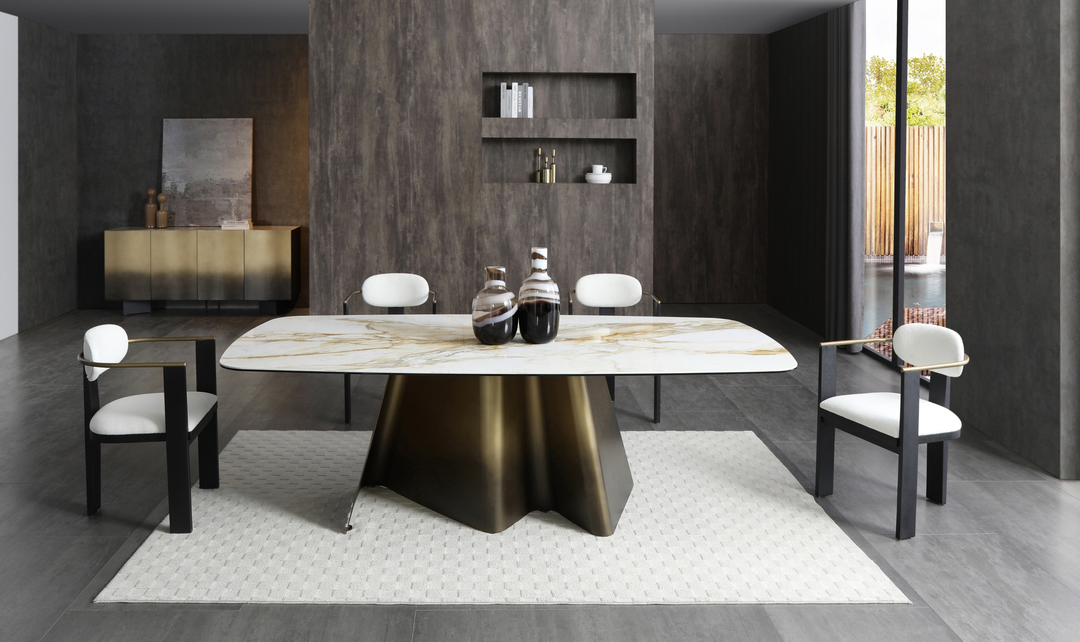 Jennifer Italia Bastione Luxury Marble Inspired Dining Table with Bronze Metallic Base