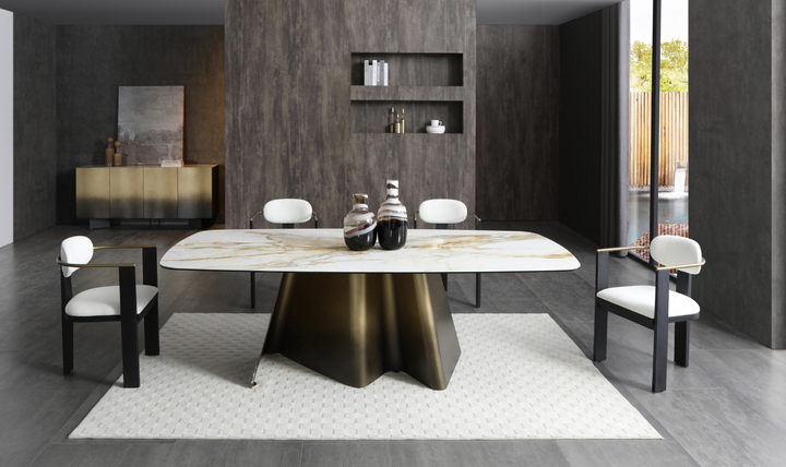 Jennifer Italia Bastione Luxury Marble Inspired Dining Table with Bronze Metallic Base