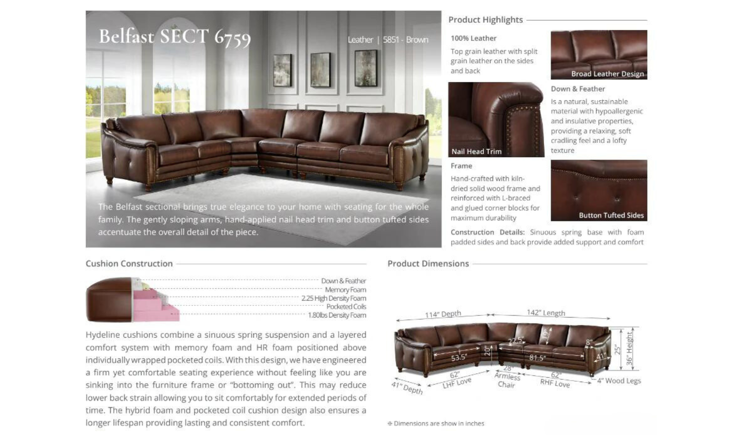 Belfast L-Shape Leather Sectional Sofa in Caramel Brown