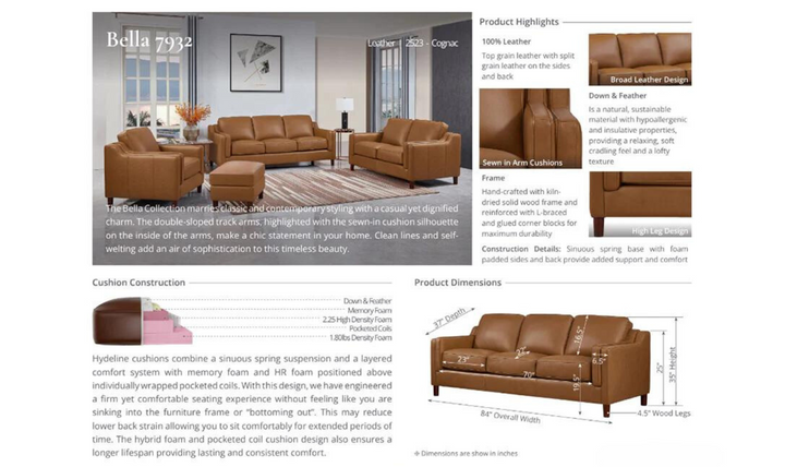 Bella Leather 3-Seater Sofa-Jennifer Furniture