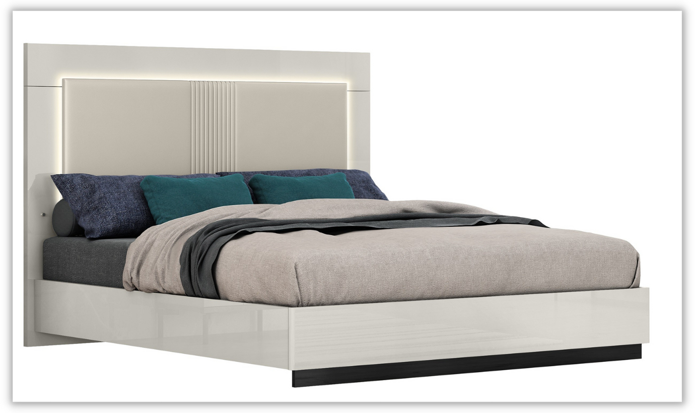 Bella Premium White Wooden Bed with LED Headboard Design