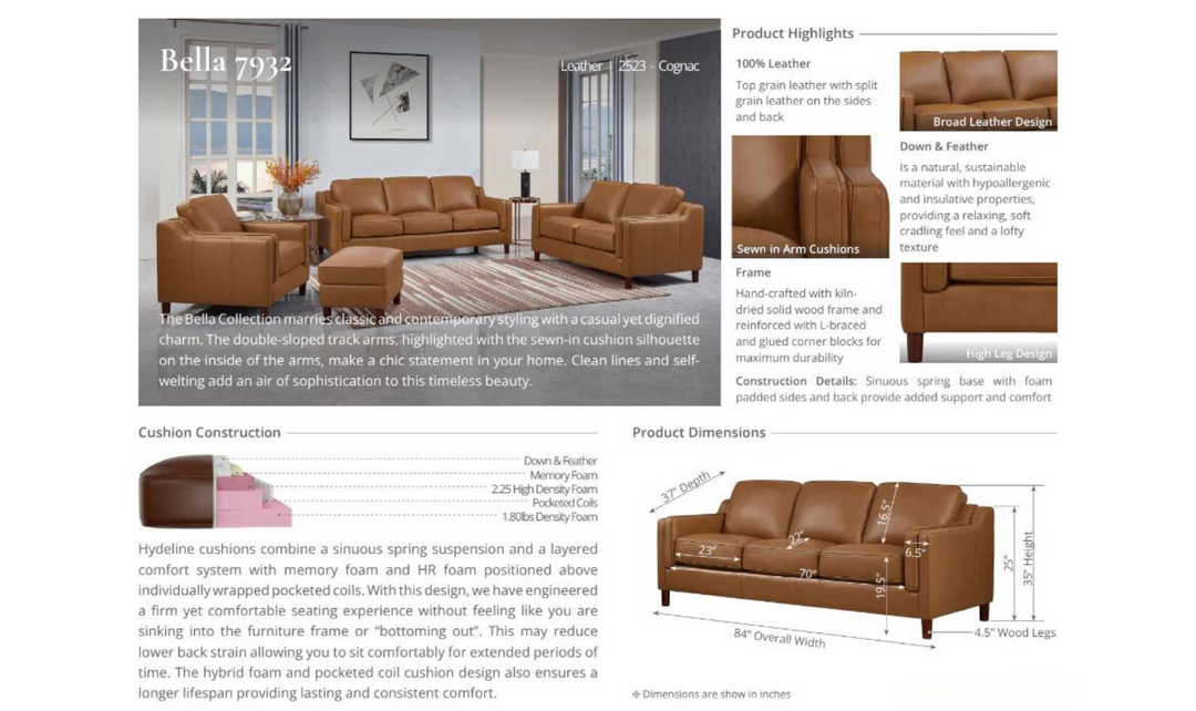 Bella U-Shape Leather Sectional Sofa with Chaise-Jennifer Furniture
