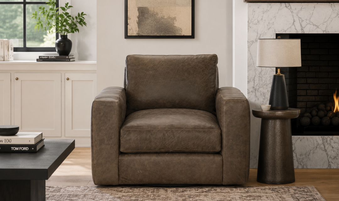 Bernhardt Dawkins Top-Grain Leather Swivel Chair with Track Arms in Brown - Jennifer Furniture