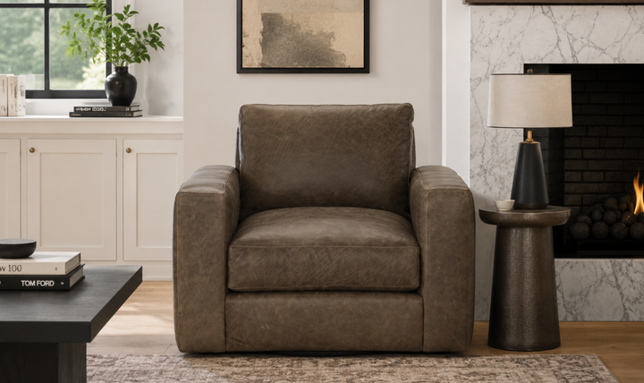 Bernhardt Dawkins Top-Grain Leather Swivel Chair with Track Arms in Brown - Jennifer Furniture