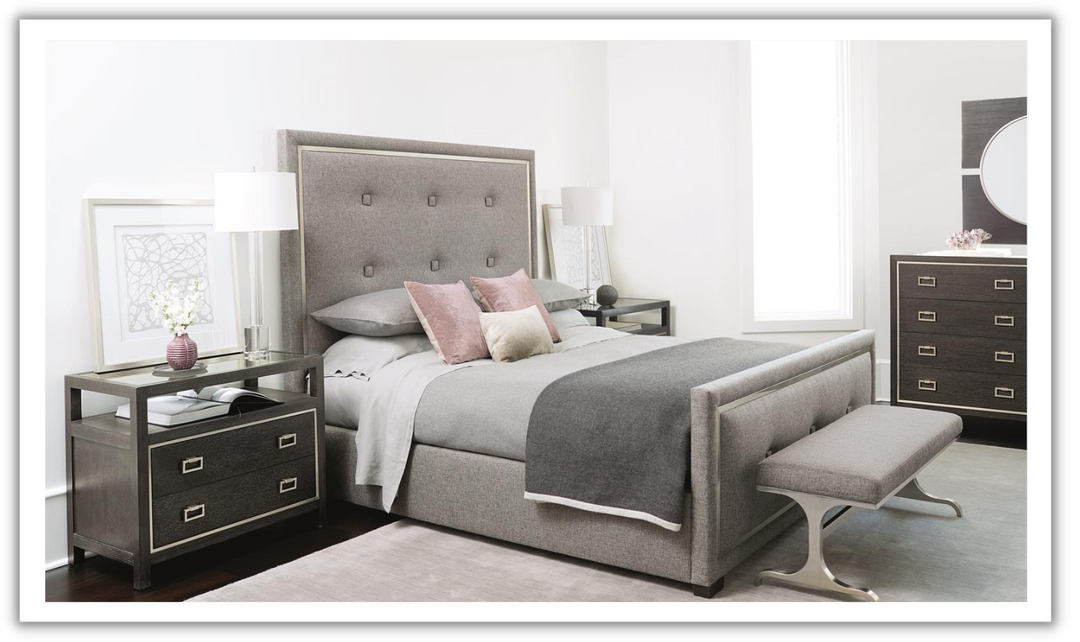 Bernhardt Decorage Fabric Upholstered Panel Bed with Stainless Steel Overlay
