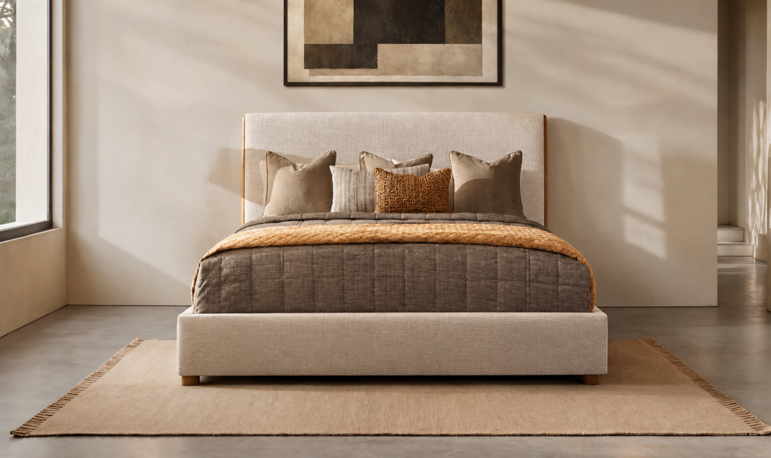 Bernhardt Loft Brasea Upholstered king Panel Bed with Mahogany Wood Frame-Jennifer Furniture