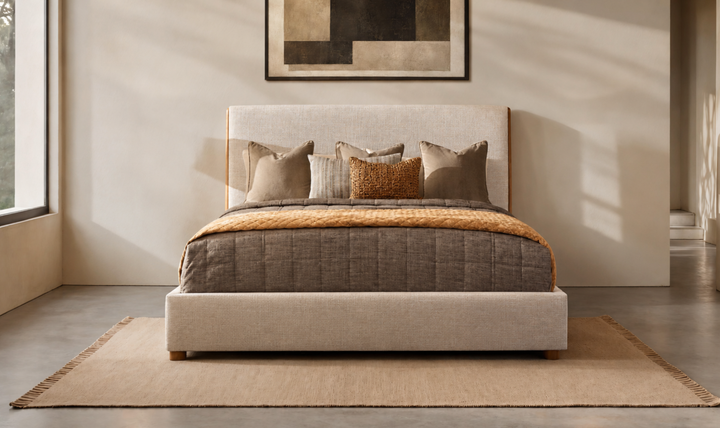 Bernhardt Loft Brasea Upholstered king Panel Bed with Mahogany Wood Frame-Jennifer Furniture