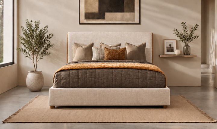 Bernhardt Loft Brasea Upholstered Panel Bed with Mahogany Wood Frame-Jennifer Furniture