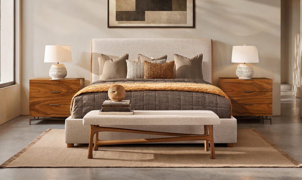 Bernhardt Loft Brasea Upholstered King Panel Bed with Mahogany Wood Frame
