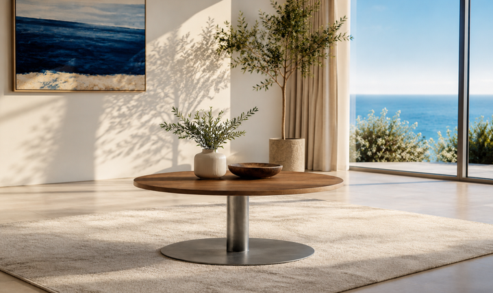 Bernhardt Loft Brasea Wood Cocktail Table With Steel Pedestal Base-Jennifer Furniture